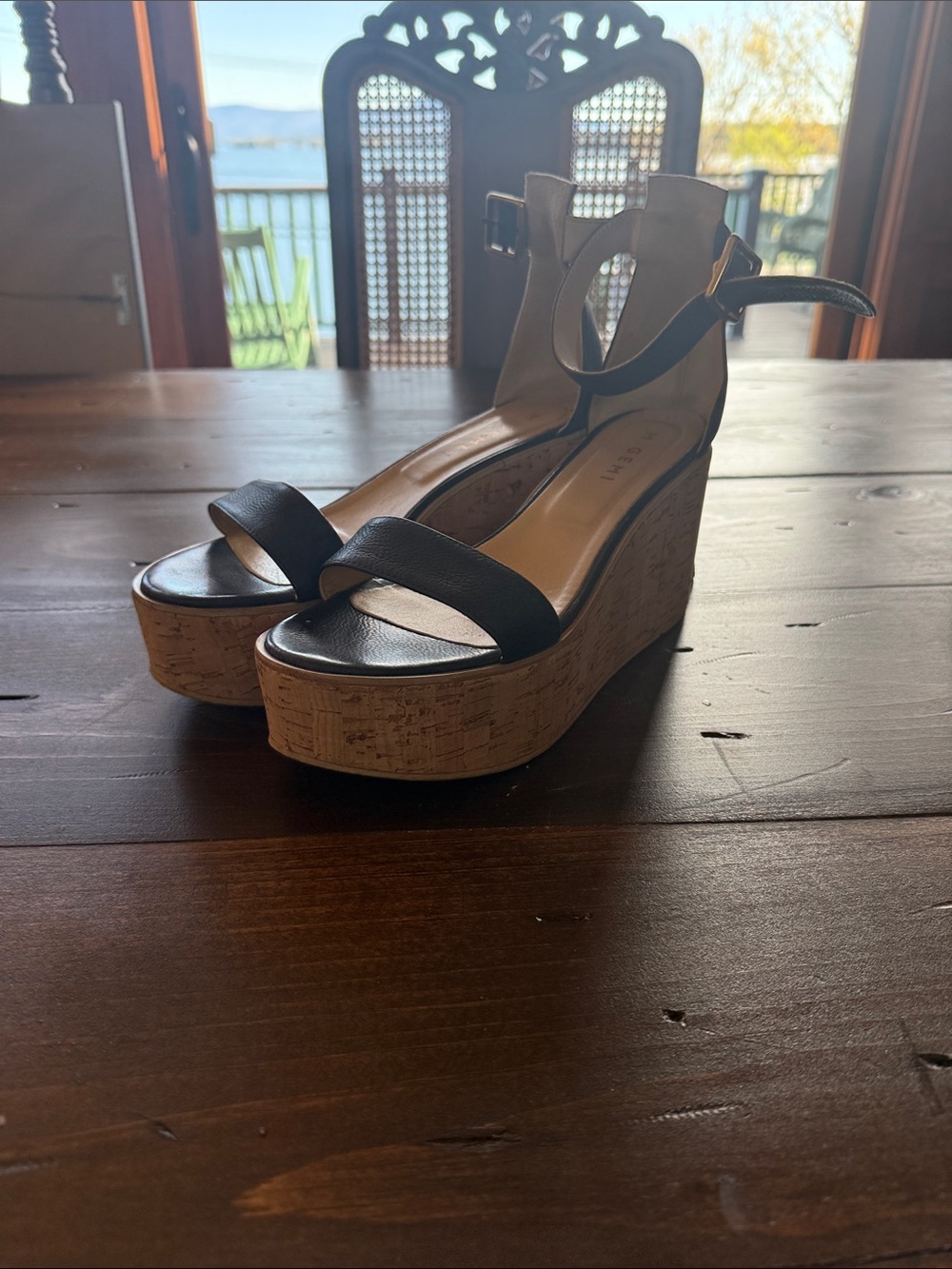 Blue Cork Platform Wedge Sandals with Ankle Strap